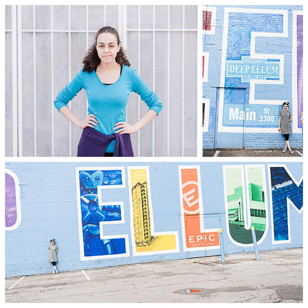 bright blue photos of teen girl by Deep Ellum mural