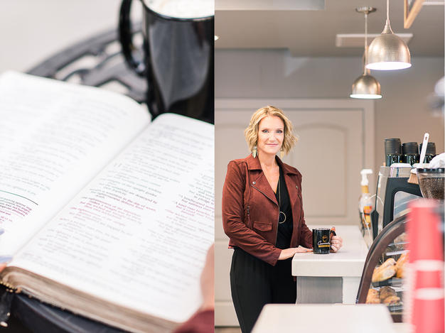 Open Bible and lady at coffee shop