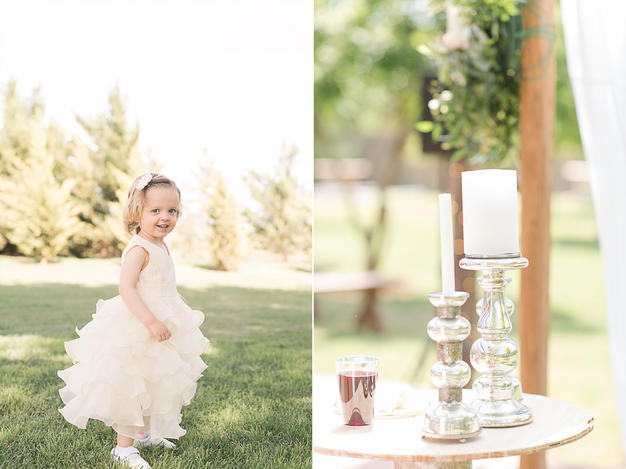 Flower girl in fluffy dress and unity candles and communion detail shots