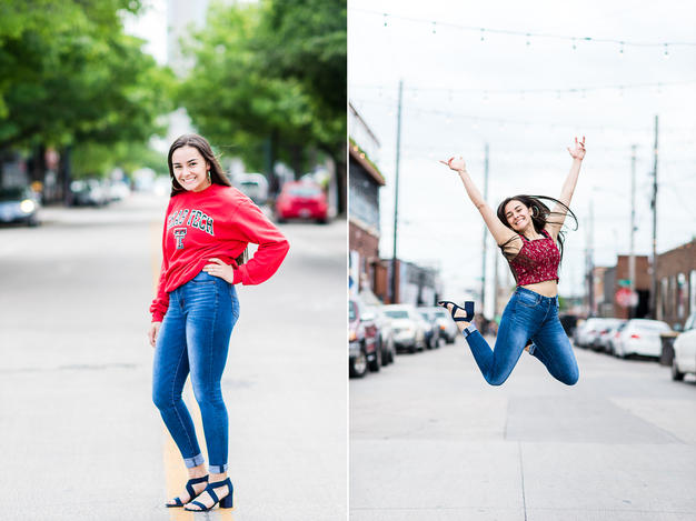 Texas Tech college sweatshirt and girl jumping in street