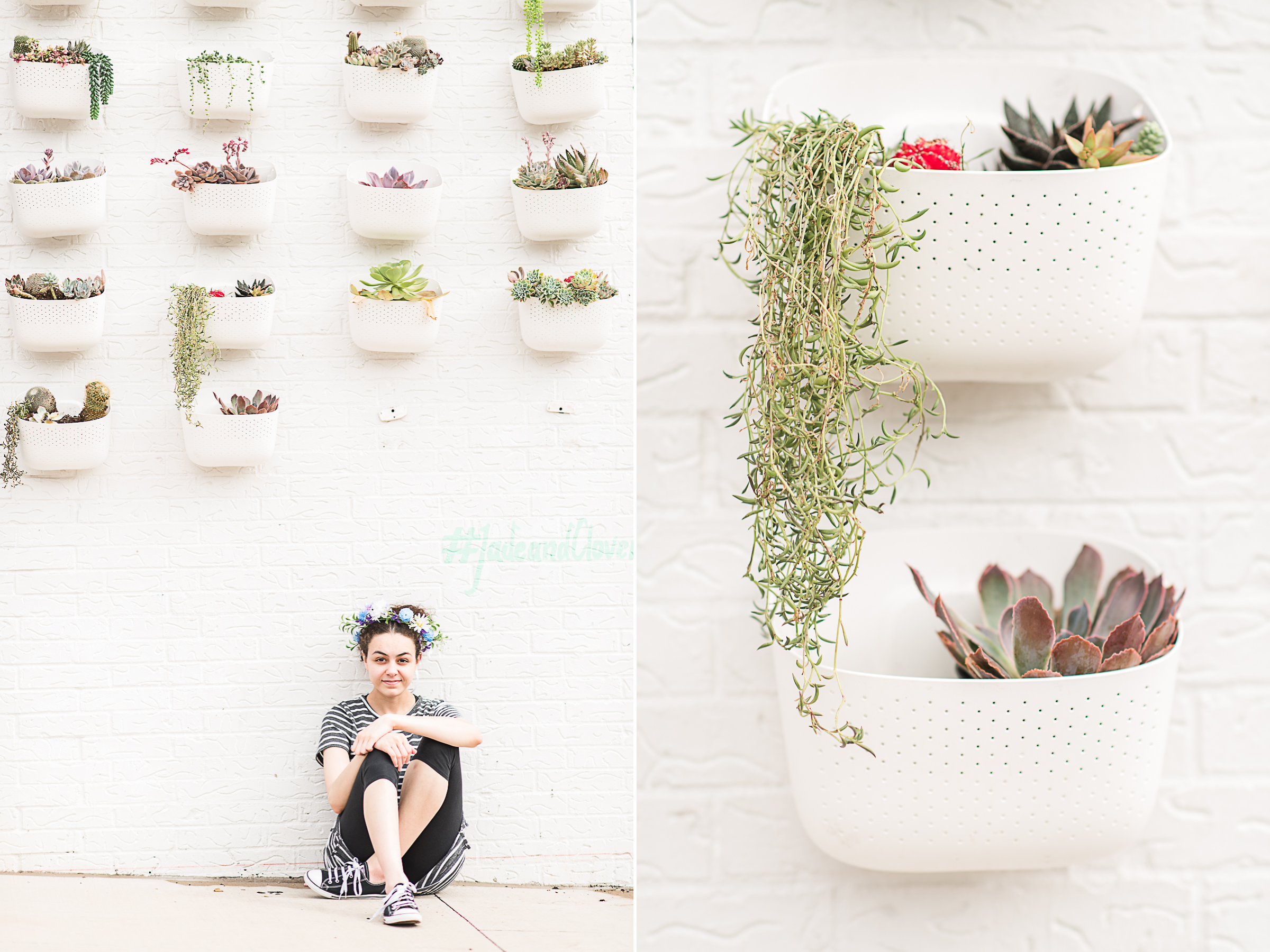 teen girl sitting next to white wall with succulent plants in Dallas