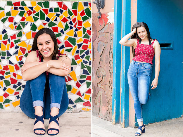 teen girl sitting in front of bright mosaic tile wall