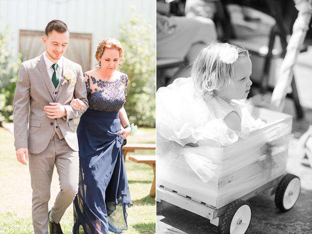 mother of the bride walking down aisle with groom and flower girl in wagon