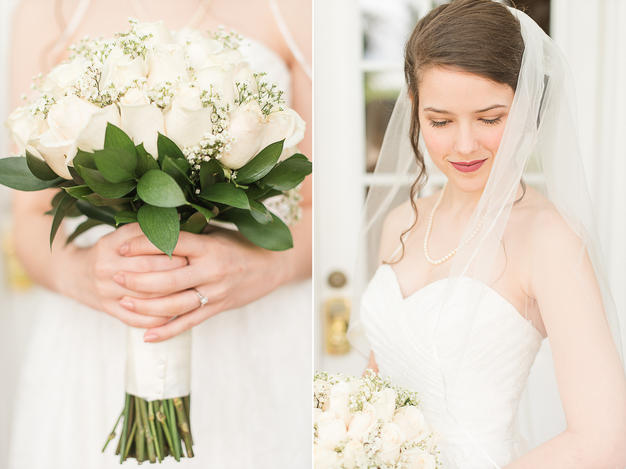 white rose bouquet, white florals for wedding day