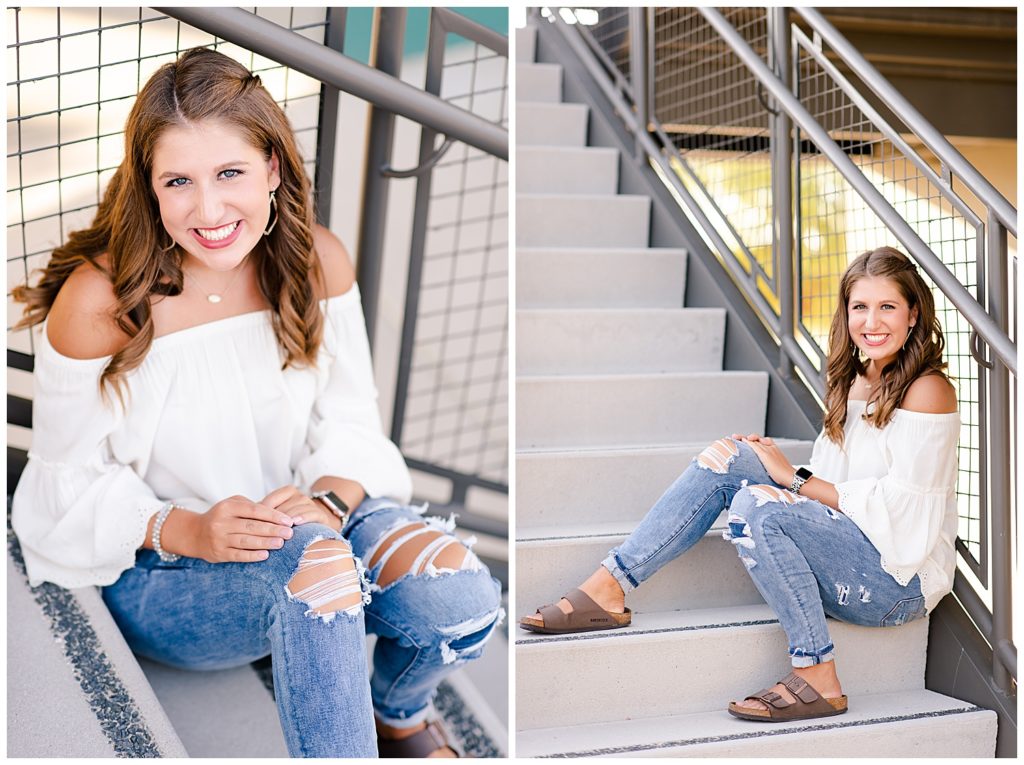 High school senior girl portraits on staircase