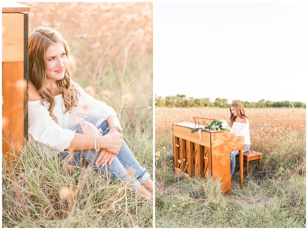 North TX senior girl playing a piano in a field