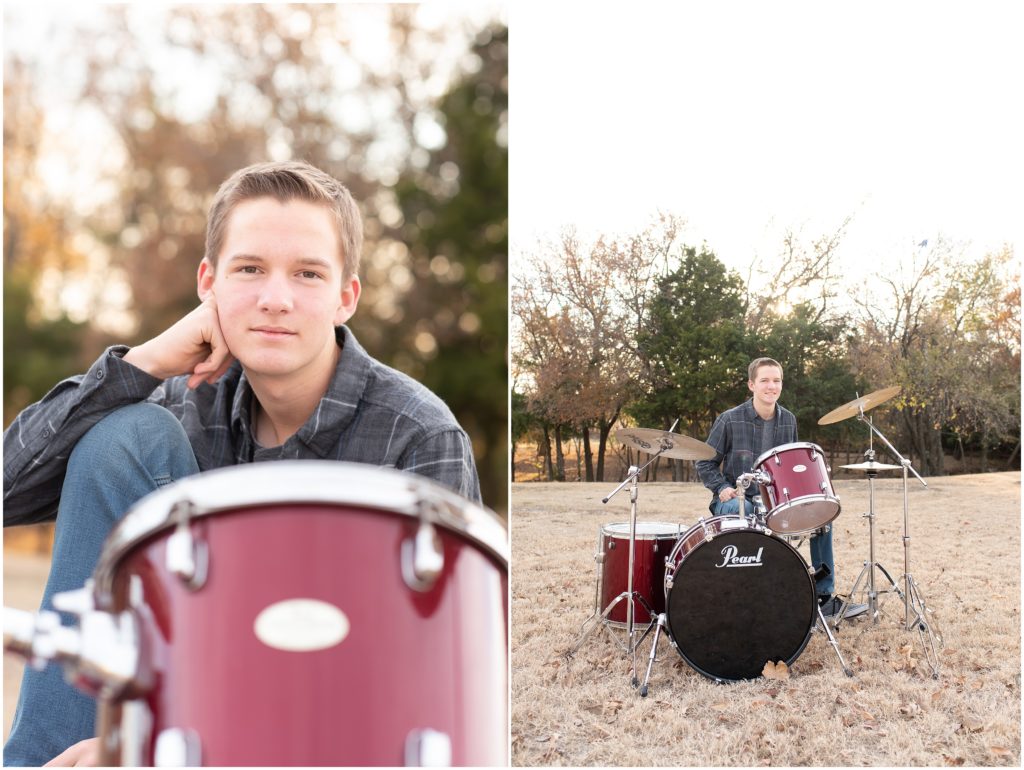 Wylie East senior guy playing drums for senior portraits