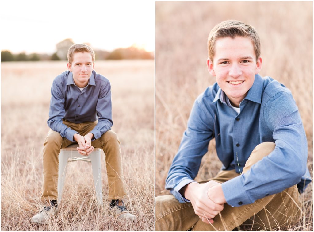 Wylie East senior guy in field at sunset for senior pictures