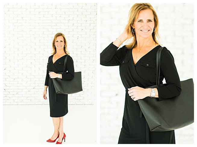 woman posing with black purse