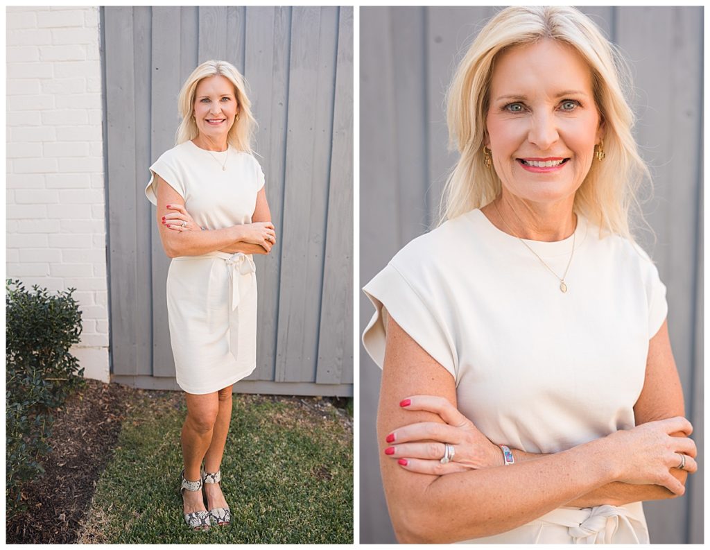 Lifestyle poses for business woman outside in white dress