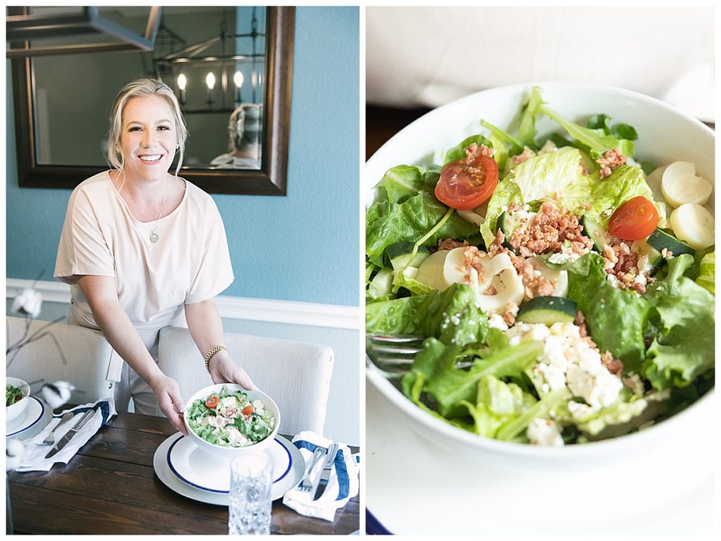 Texas chef and blogger setting table with a salad for a photo shoot