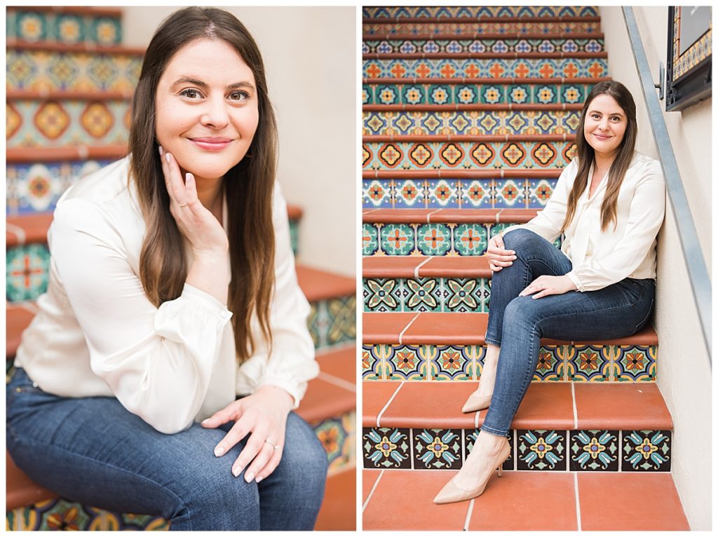 Lifestyle brand photo of Dallas business woman in Highland Park on colorful stairs